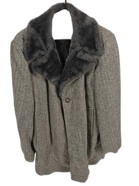 Mens Aberdeen Herringbone Tweed Coat Gray Brown Faux Fur Collar Size Unknown
